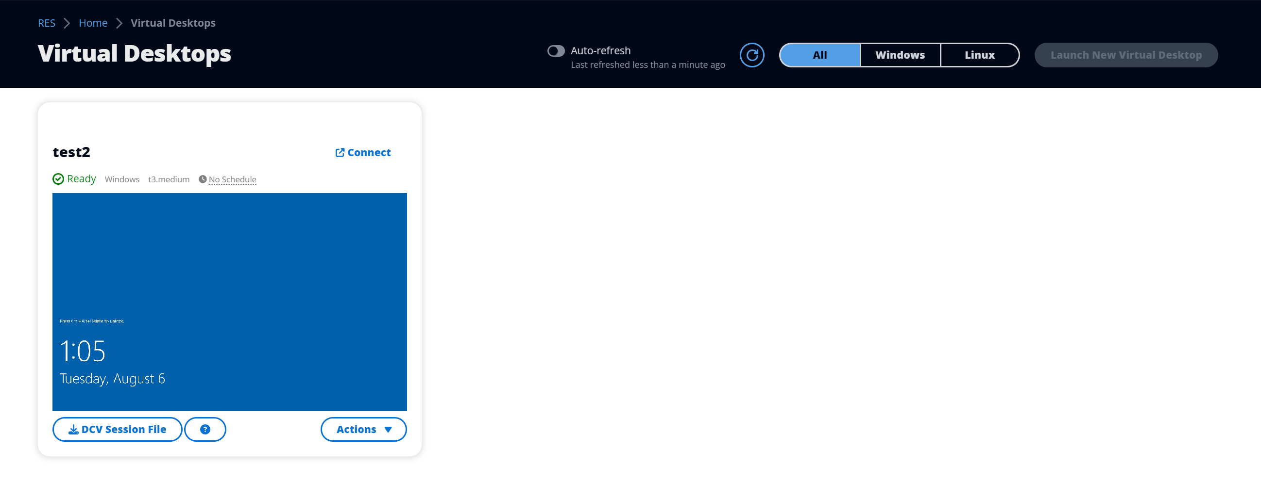 アクセス許可のない管理者以外のユーザーの場合、新しい仮想デスクトップの起動ボタンは無効になっています。