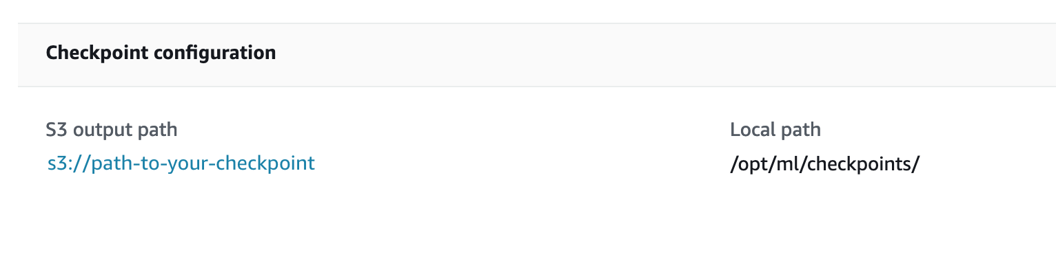 トレーニングジョブの [Job settings] (ジョブ設定) ページにある [Checkpoint configuration] (チェックポイントの設定) セクション。