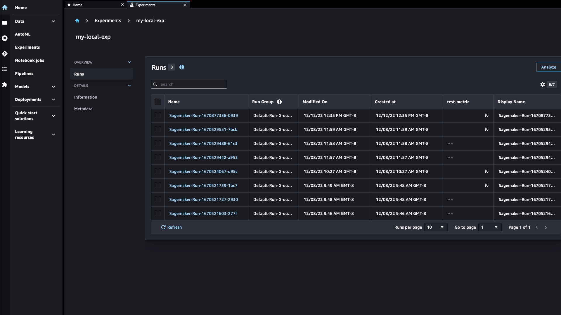 SageMaker の Experiments UI に表示される実験実行のリスト