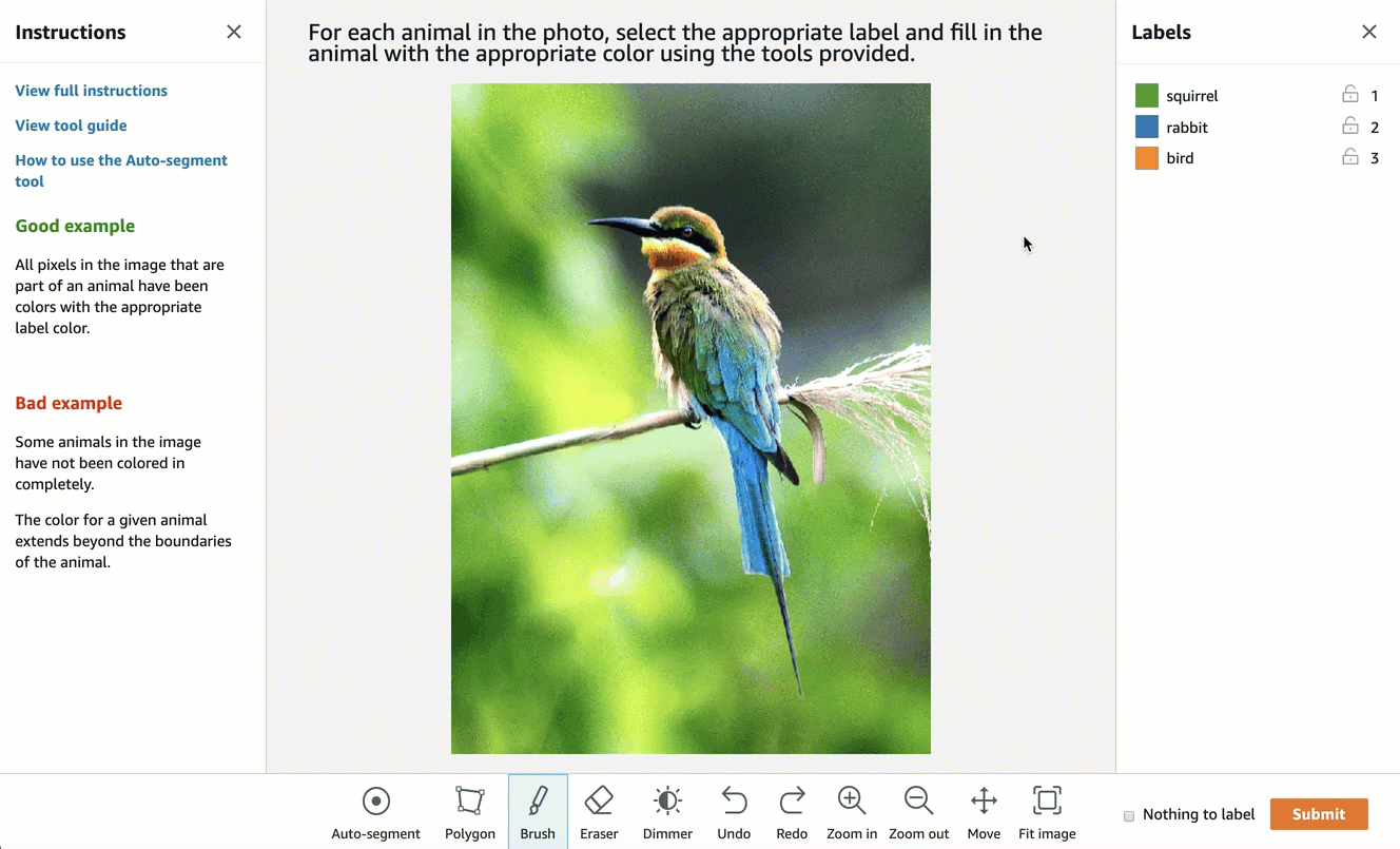 SageMaker AI コンソールでセマンティックセグメンテーションラベル付けジョブを作成する方法の例を示す GIF。