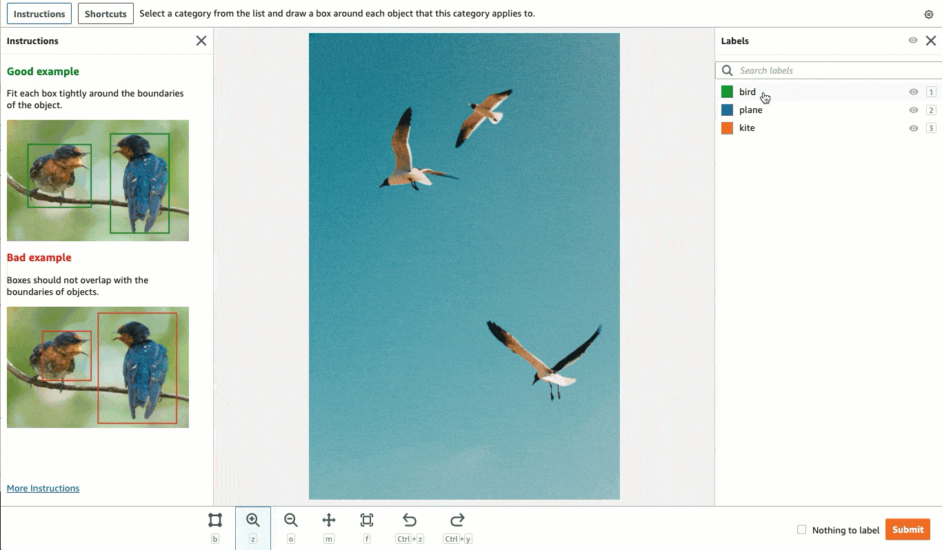 カテゴリのオブジェクトの周りにボックスを描画する画面の GIF。