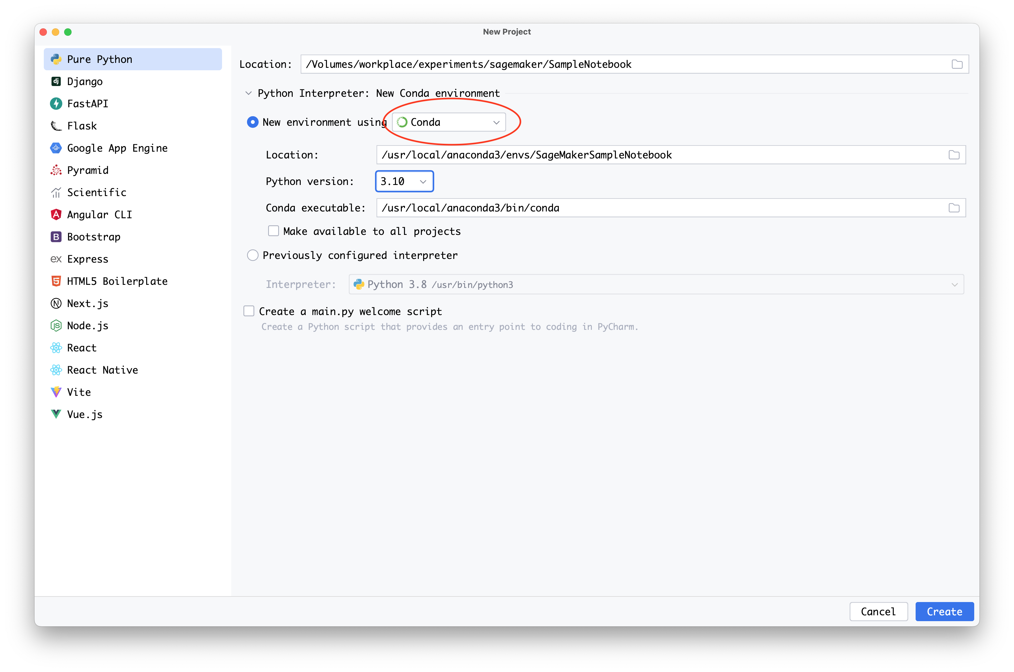 Python の新しい環境が Conda と選択され、Python バージョンが 3.10 と選択されました。