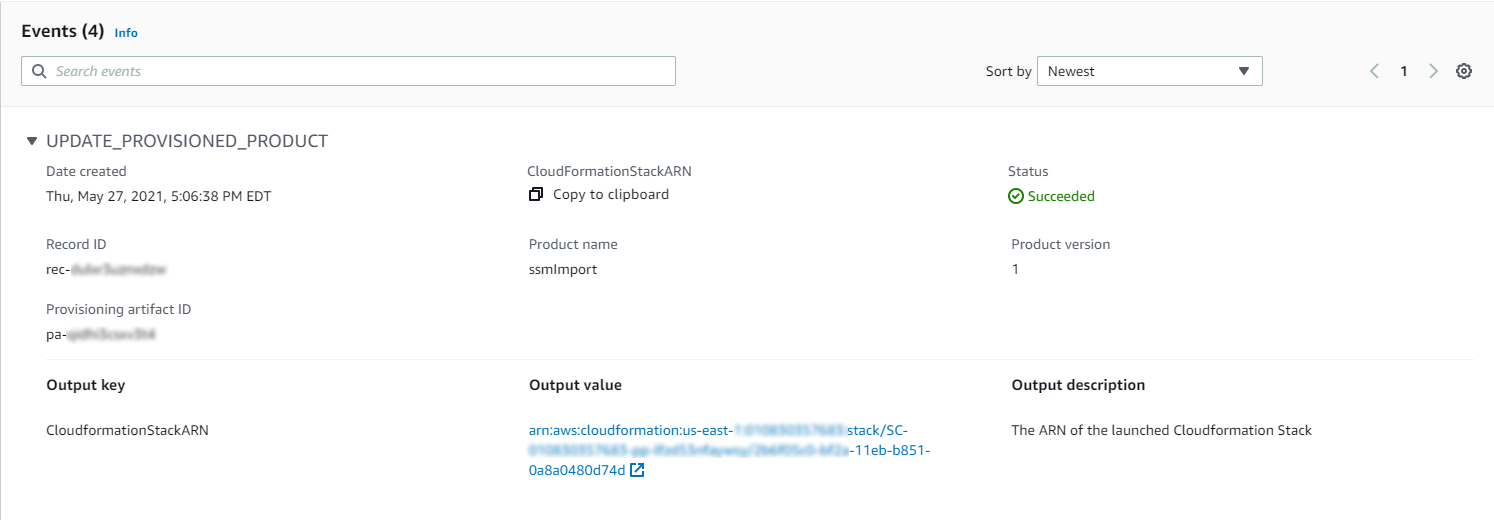 Events section showing UPDATE_PROVISIONED_PRODUCT with CloudFormationStackARN details.