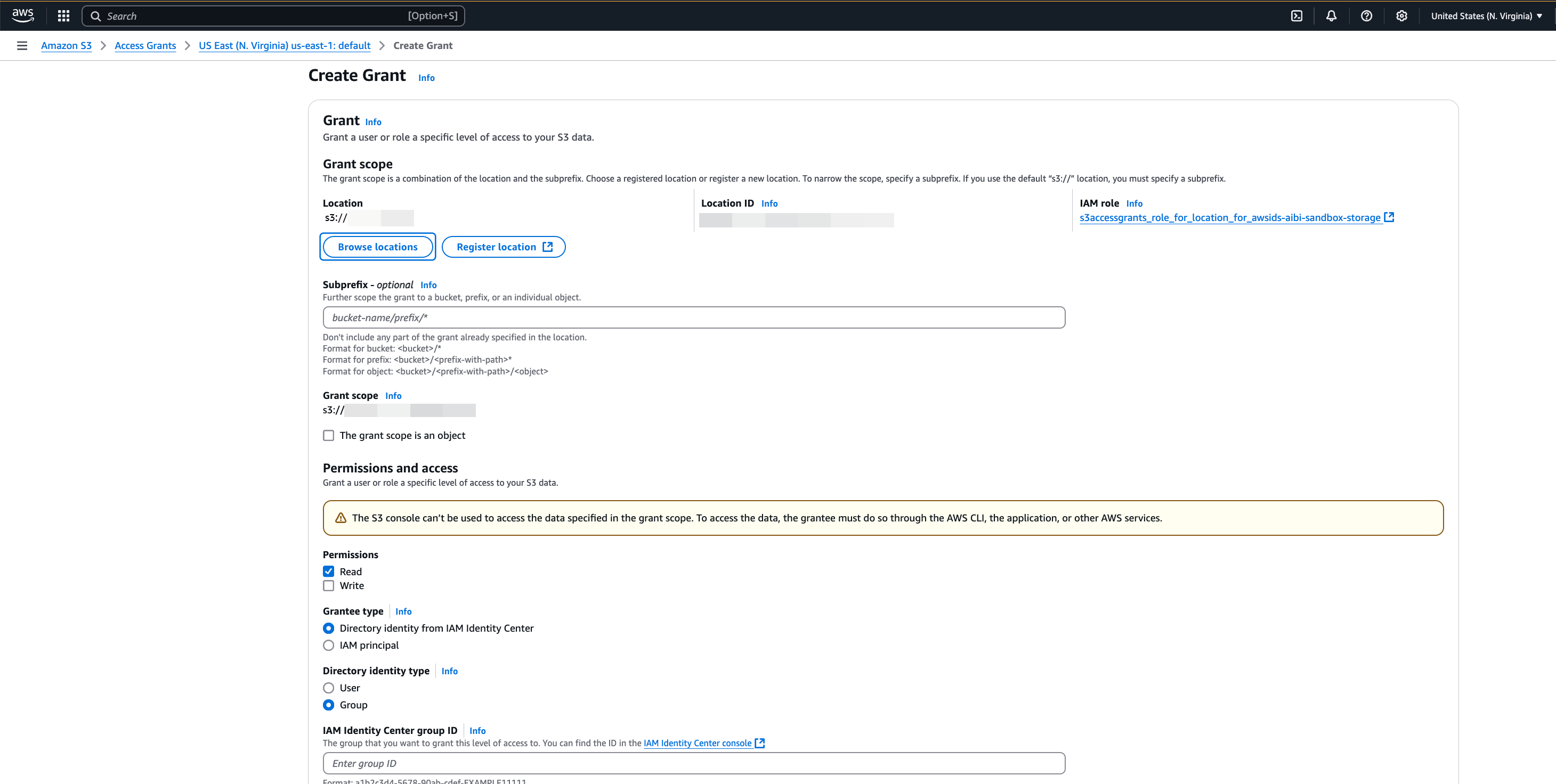 Amazon S3 Access Grants コンソールで [アクセス許可の作成] ページを作成します。