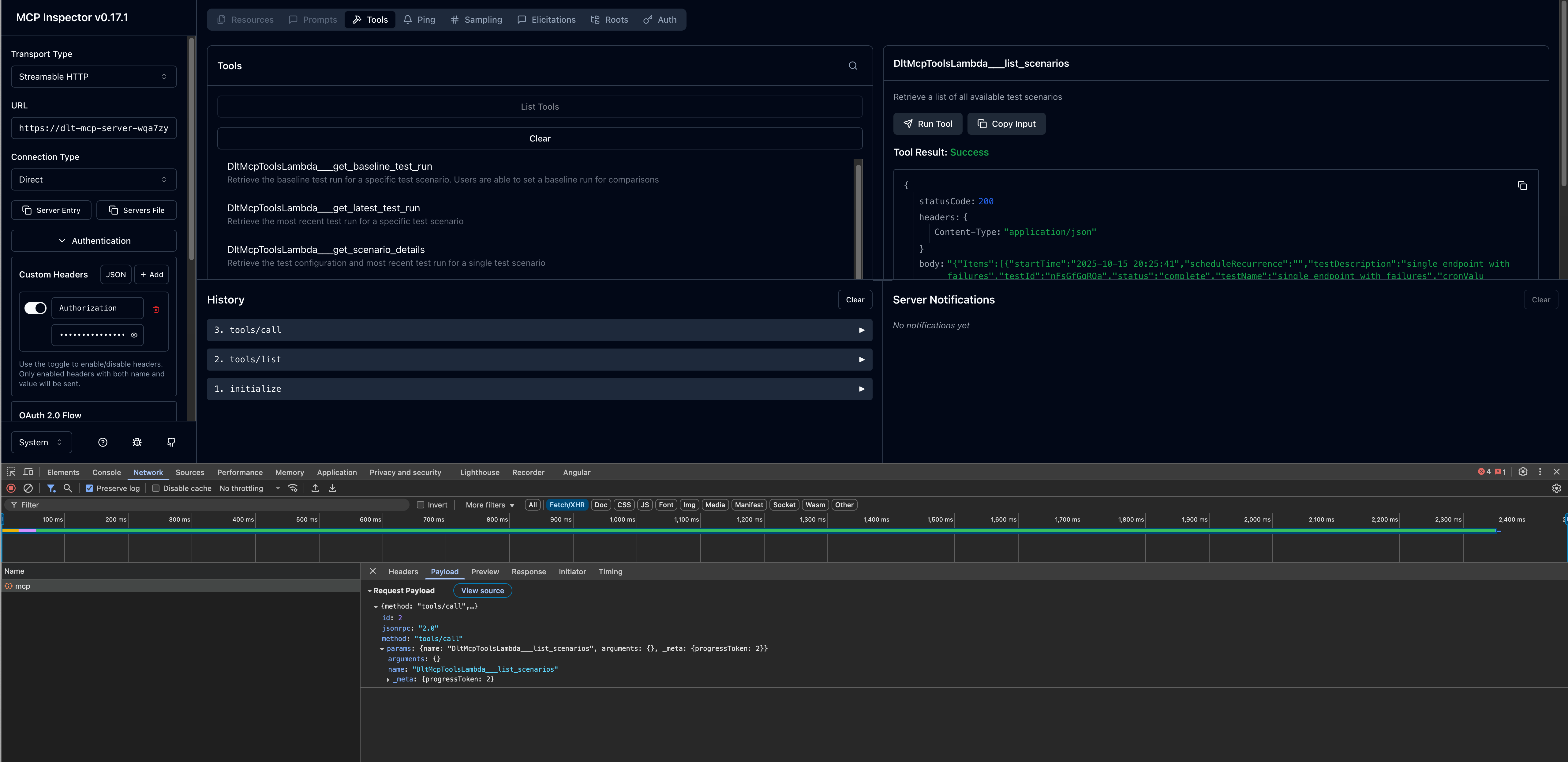 使用可能なツールと呼び出しを示す MCP Inspector