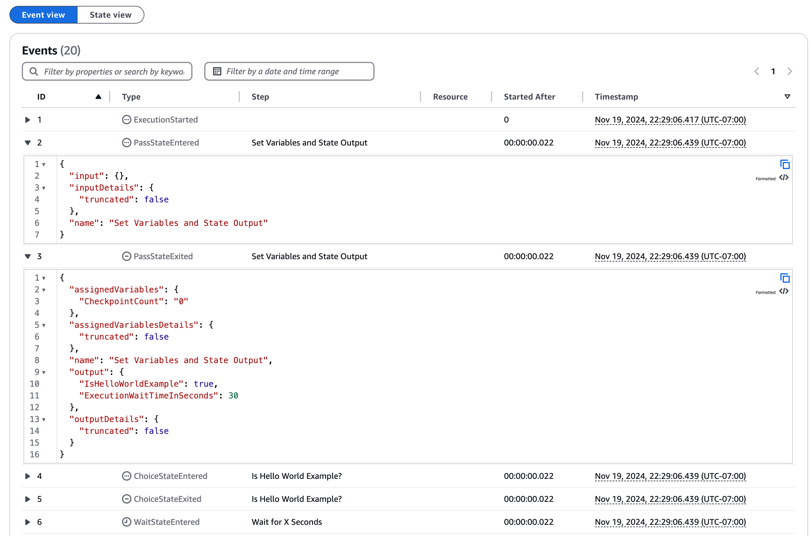 Execution 001 のイベントビュー