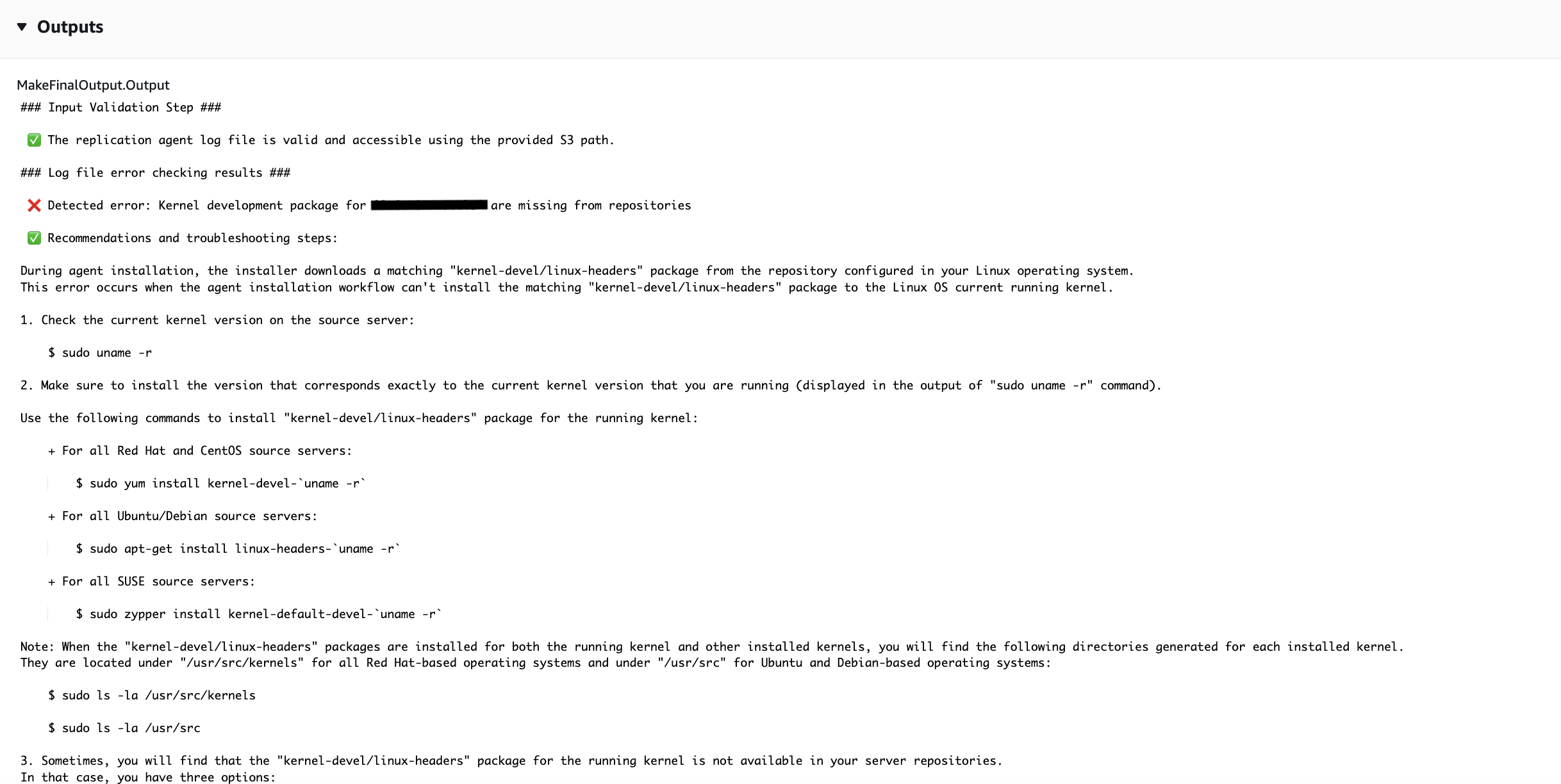 Output showing validation step, error detection, and troubleshooting steps for kernel package installation.