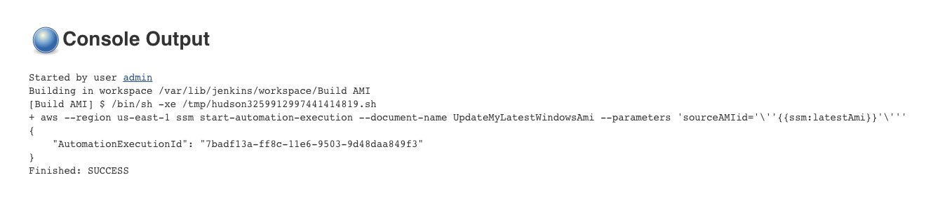 Jenkins ソフトウェアのサンプルコマンド出力。