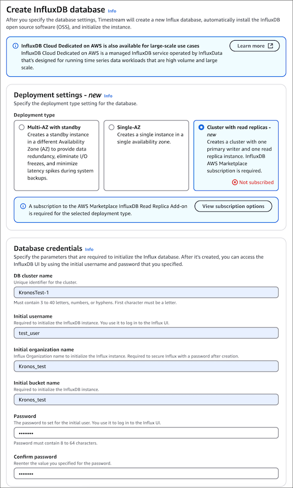 InfluxDB database creation interface with deployment settings and credentials input fields.