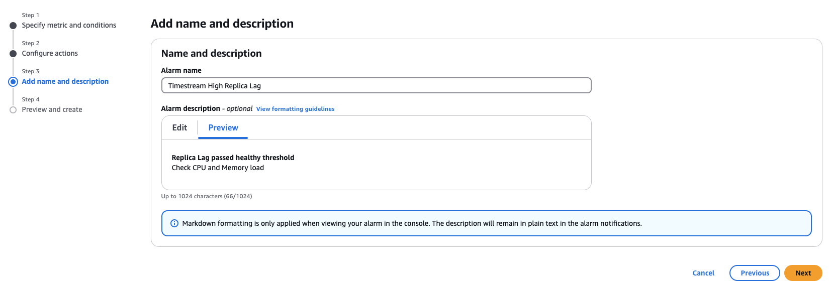 アラーム名とアラームの説明のフィールドを示す [名前と説明を追加] ページ。