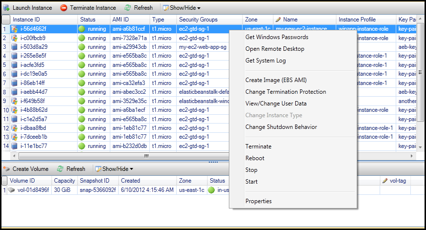 AWS Explorer showing running EC2 instances with context menu options for management.