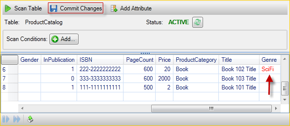 Database table view showing ProductCatalog with columns like ISBN, Price, and Genre.