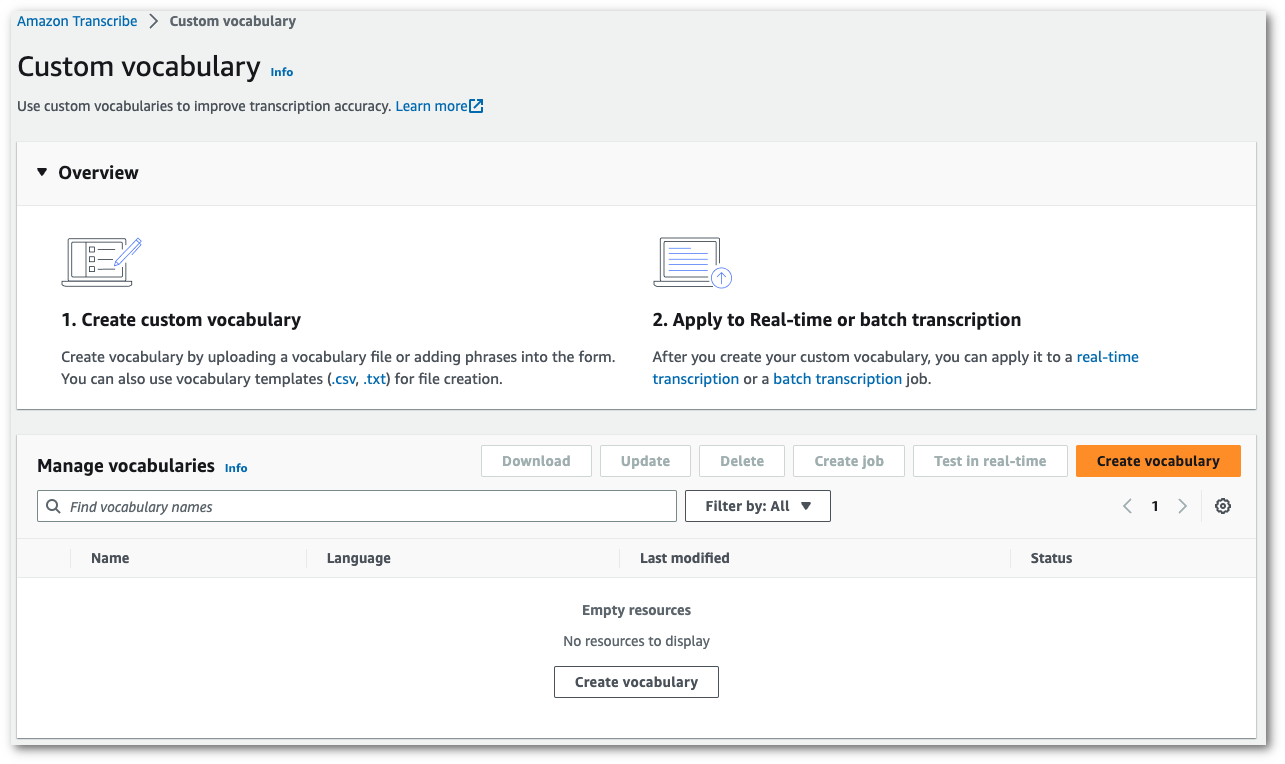 Amazon Transcribe コンソールのスクリーンショット:「カスタム語彙」ページ。