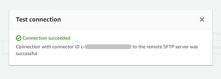 SFTP コネクタのテスト接続パネルで、成功したテストが表示されています。
