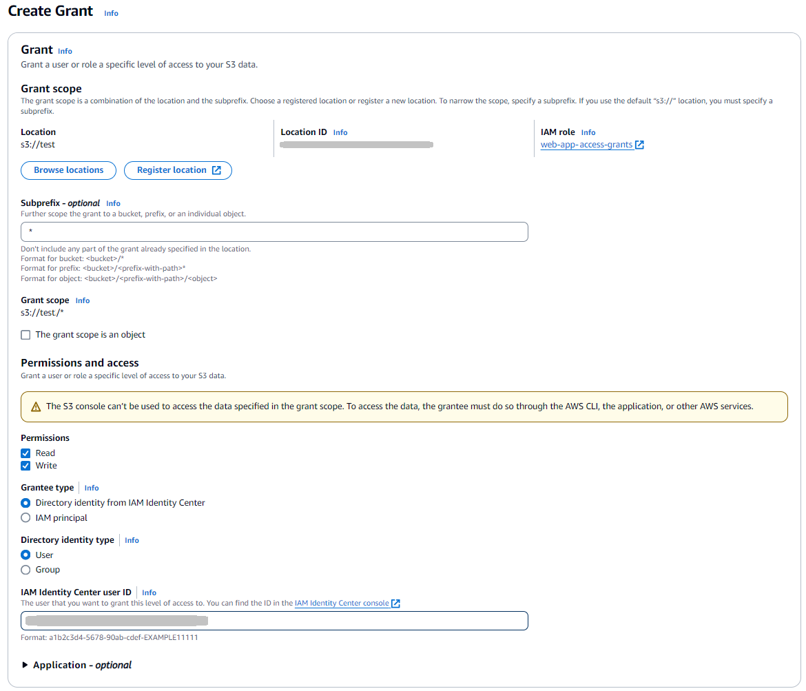 Amazon S3 Create Grant ダイアログとサンプル値を示す画面。