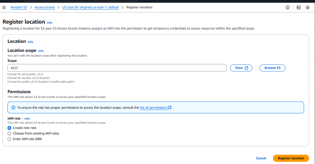 Amazon S3 Register S3 Buckets or prefixes as locations ダイアログとデフォルトの Scope および Create new role settings を示す画面。