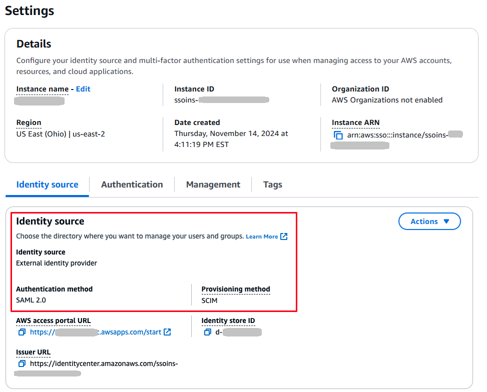 ID ソースが SAML 2.0 であることを示す IAM Identity Center