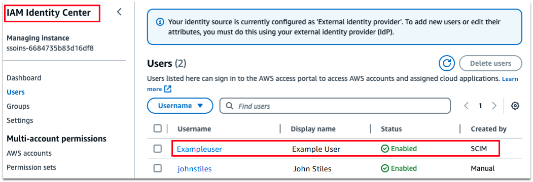 Okta から統合されたユーザーの例を示す IAM Identity Center