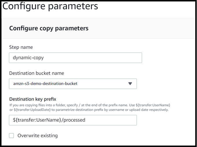 を使用してパラメータ化されたバケットとキーを示すコピーステップのパラメータ画面UserName。