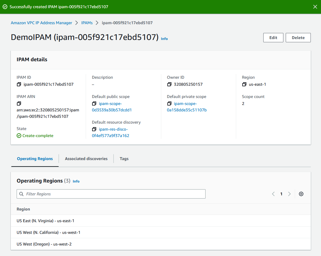 IPAM が正常に作成された場合に表示される IPAM コンソールのページです。
