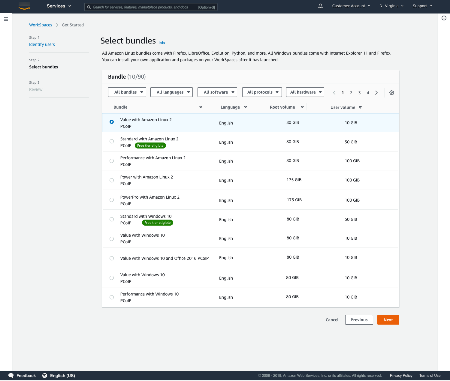WorkSpaces bundle selection interface showing various Amazon Linux and Windows options with storage specifications.