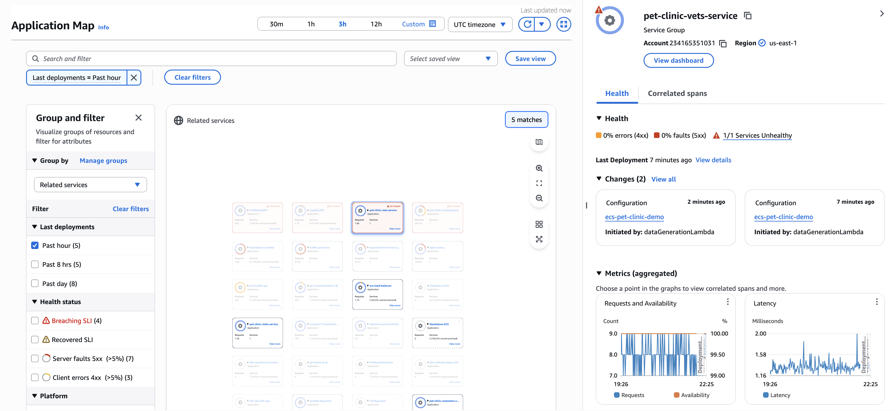 그룹 드로어에서 배포 필터링 및 변경 이벤트를 사용한 CloudWatch 애플리케이션 맵.