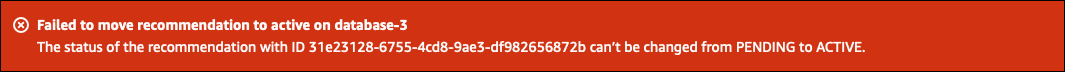 무시된 권장 사항에서 활성 권장 사항으로 이동하는 데 실패한 리소스와 함께 메시지를 보여주는 콘솔의 배너