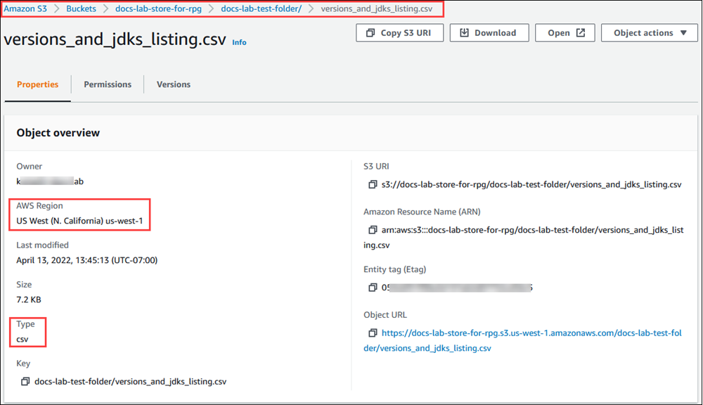 Amazon S3 버킷에 있는 파일 객체의 이미지입니다.