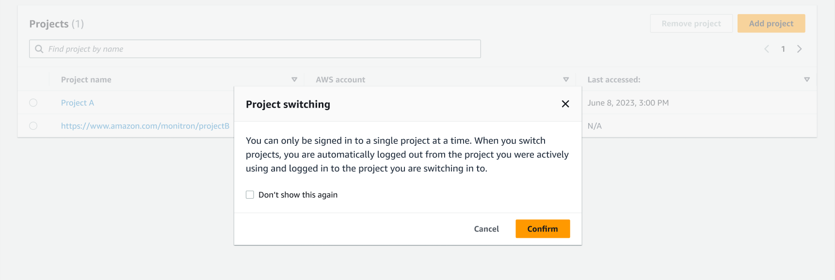 Project switching dialog box explaining single project access and automatic logout/login process.