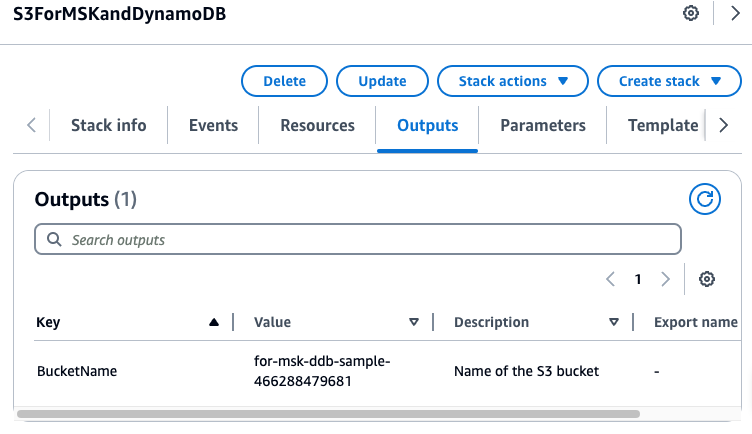 CloudFormation stack outputs showing S3 bucket name for MSK and DynamoDB sample.