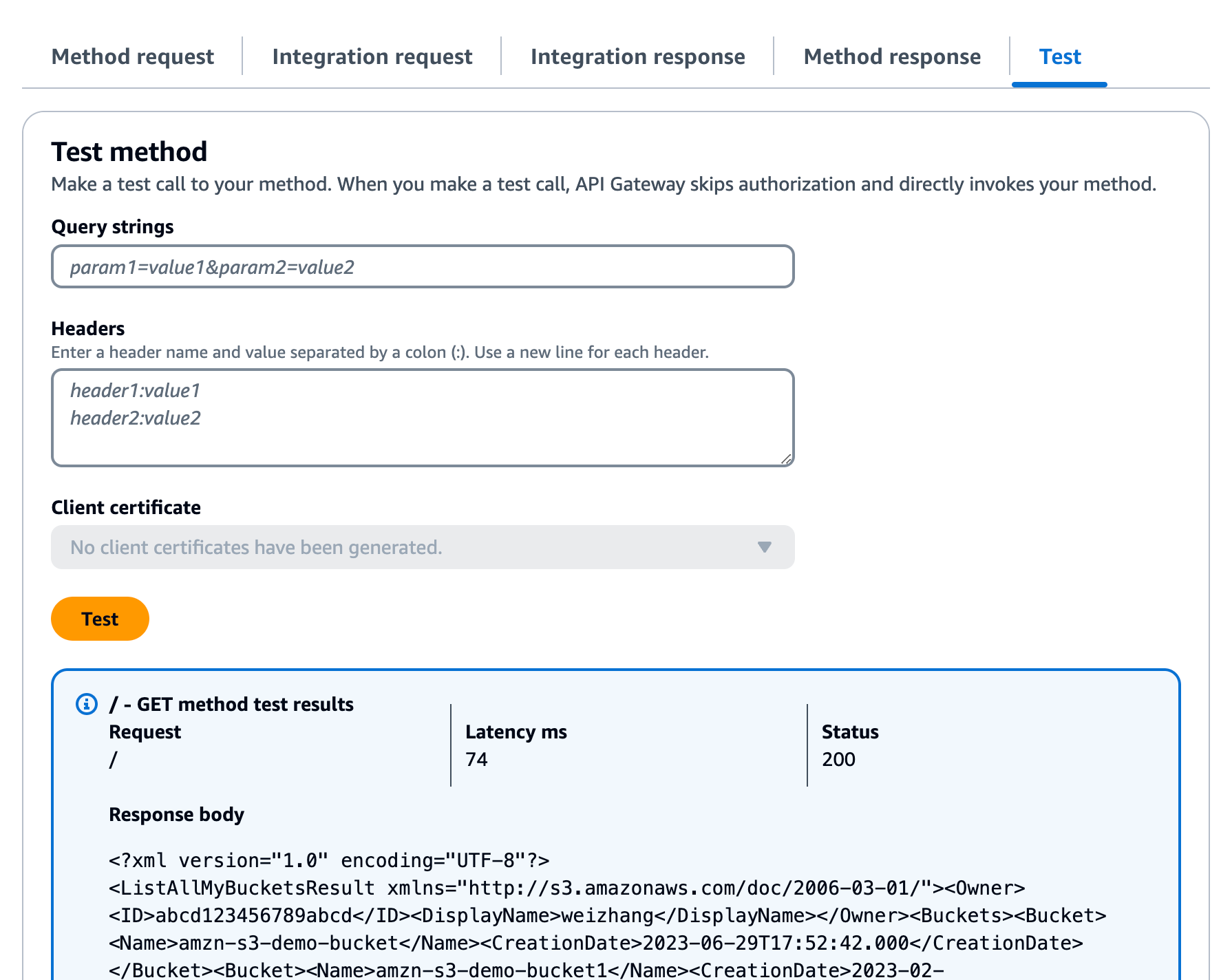 API 루트 GET 버킷 결과 테스트