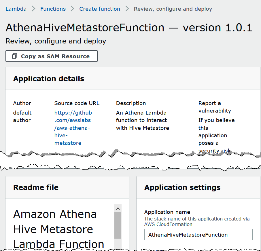 AWS Lambda 콘솔의 AthenaHiveMetastoreFunction 페이지.