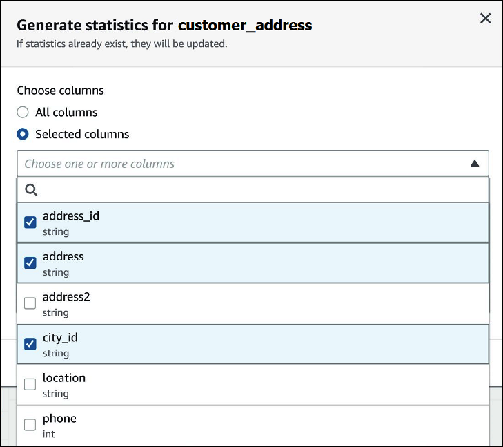 통계 생성 대화 상자