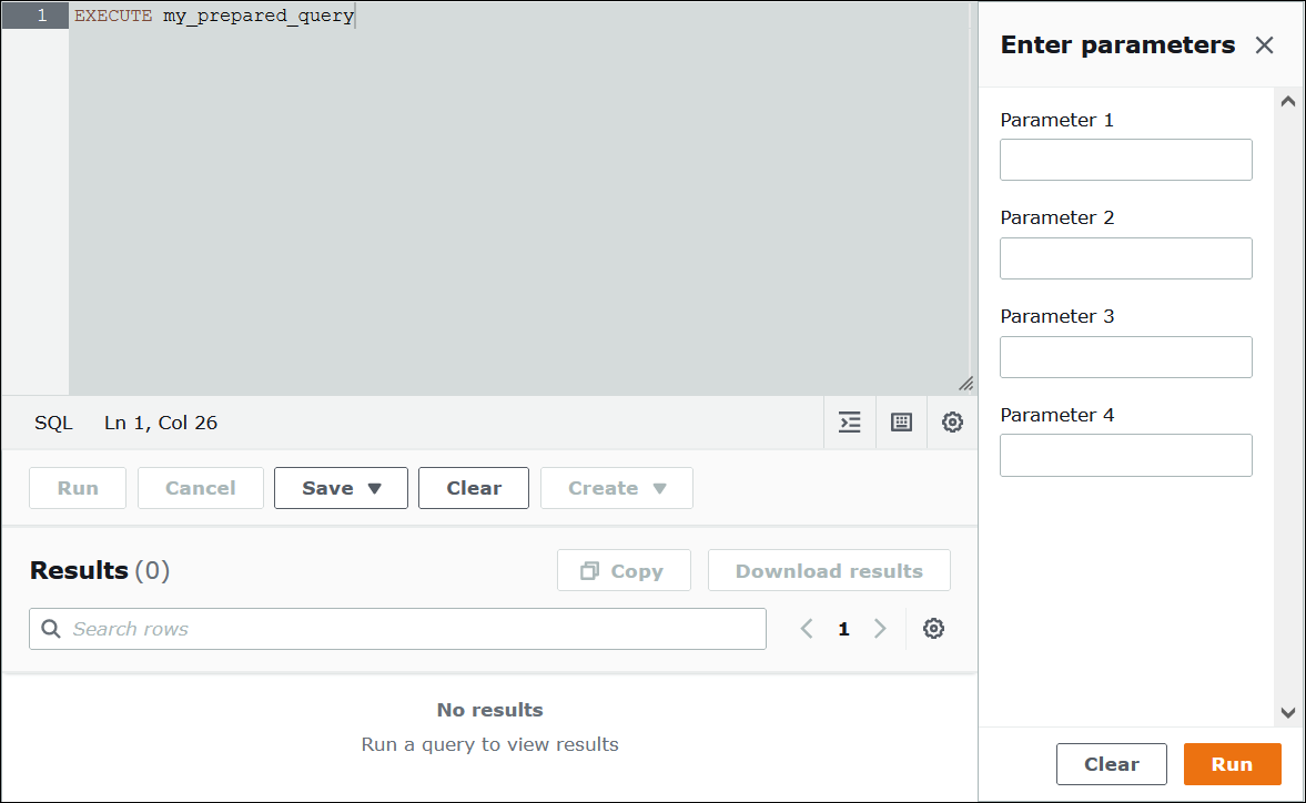 Athena 콘솔에 준비된 문에 대한 파라미터 값 입력.
