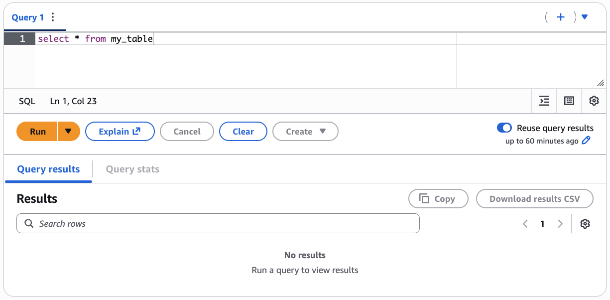 Athena 쿼리 편집기에서 Reuse query results(쿼리 결과 재사용)를 활성화합니다.