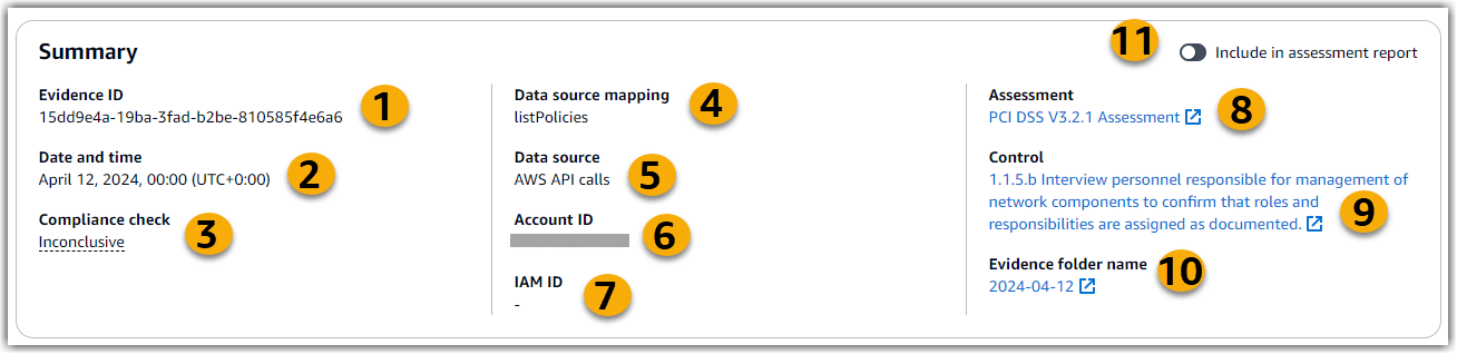 증거 세부 정보의 스크린샷으로, 다음 정의와 관련된 레이블이 있습니다.