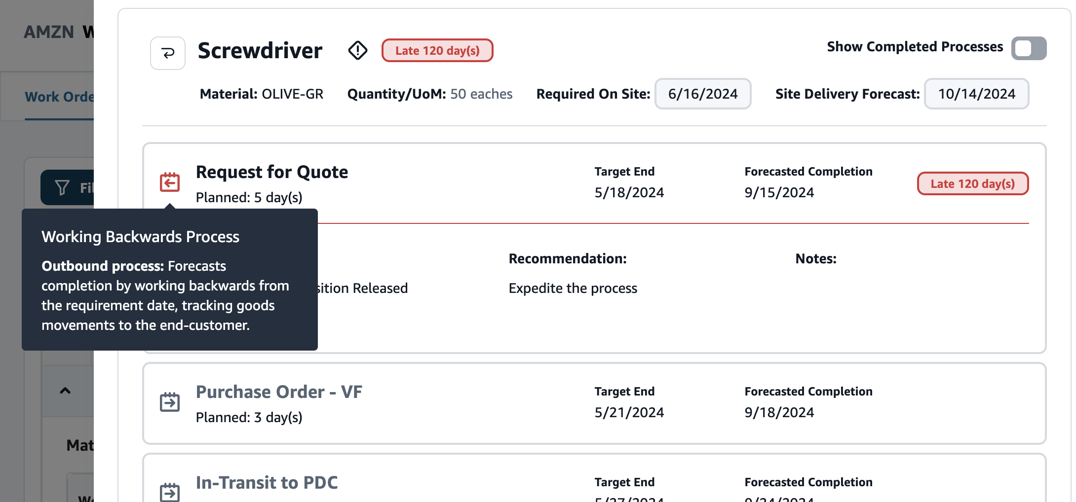 주문 자료 요약 - 역방향 작업 프로세스