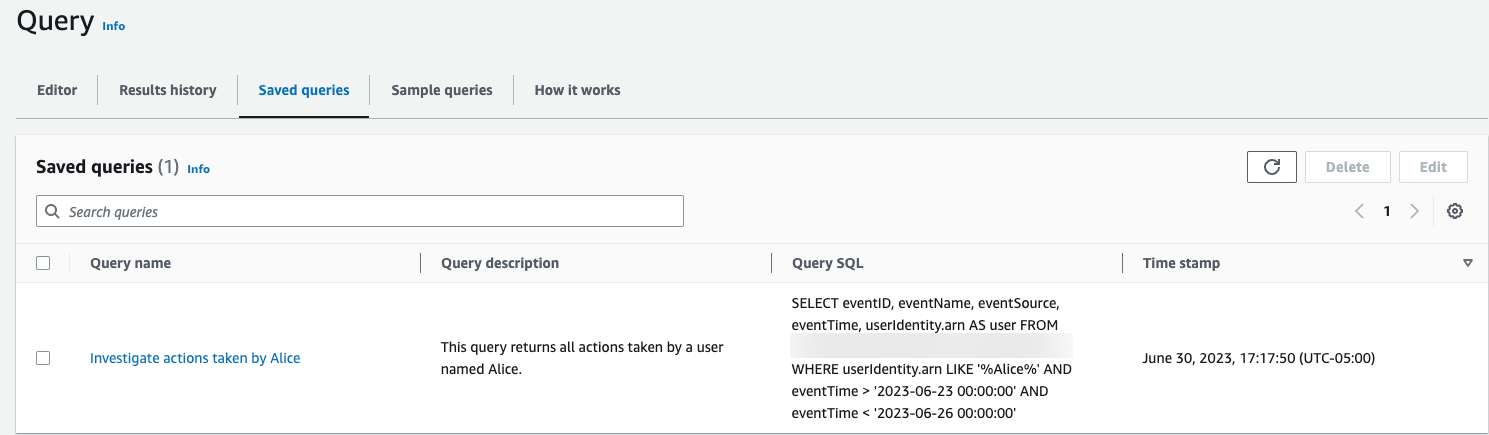 새 저장된 쿼리를 보여주는 저장된 쿼리 탭