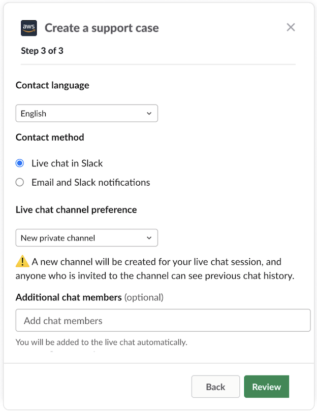 AWS Support 사례에 대해 알림을 받아야 하는 추가 연락처를 추가하는 방법을 보여주는 대화 상자입니다.