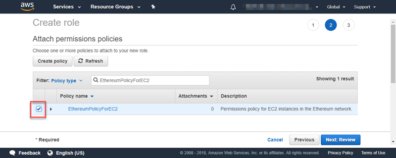 AWS console showing Create role page with EthereumPolicyForEC2 policy selected.