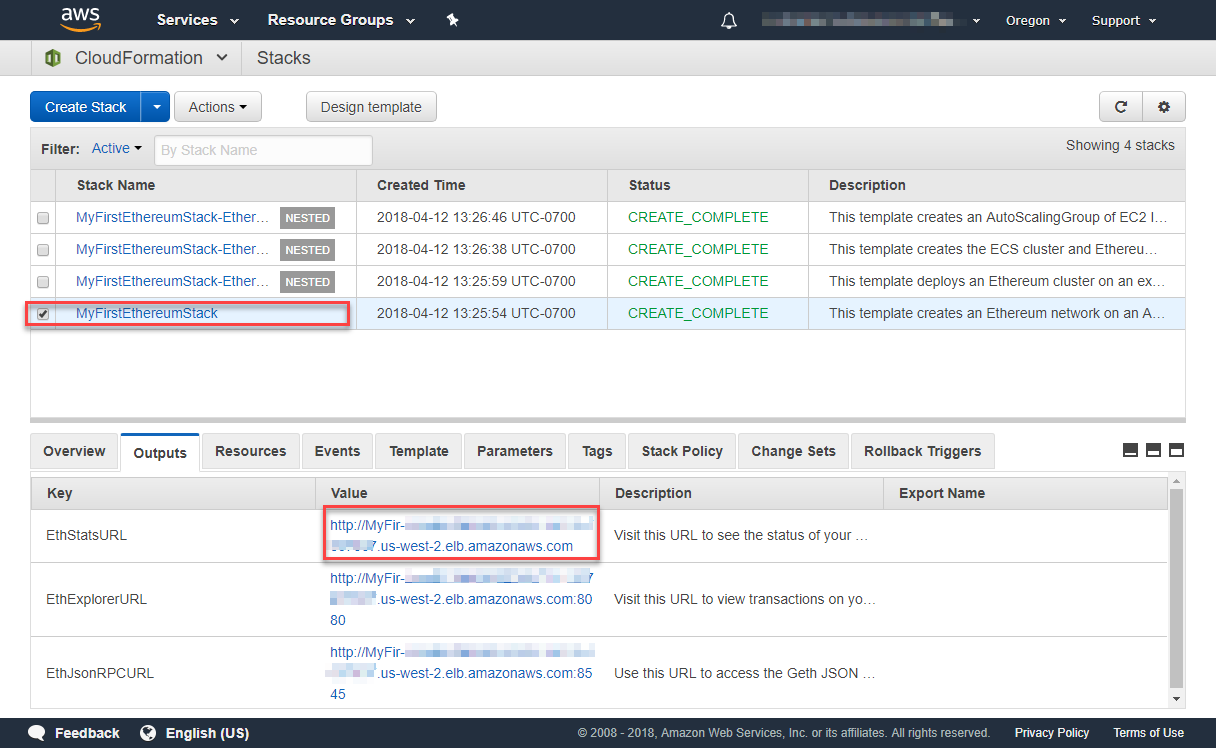 CloudFormation console showing Ethereum network stack details and output URLs.