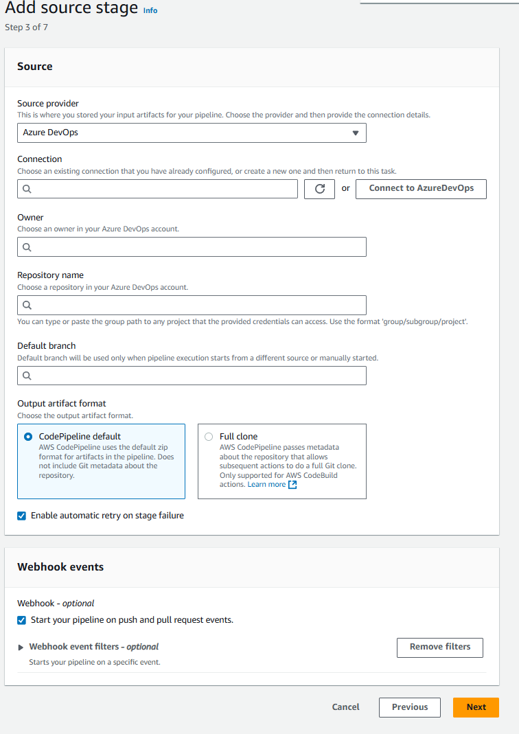Azure DevOps에 대해 선택한 연결 옵션을 보여주는 콘솔 스크린샷입니다.