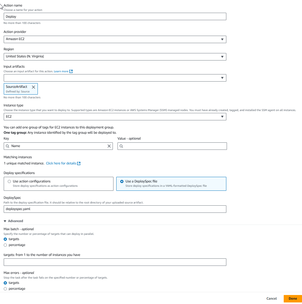 사양 파일을 사용하기 위한 EC2Deploy 작업 옵션이 있는 새 파이프라인의 작업 편집 페이지