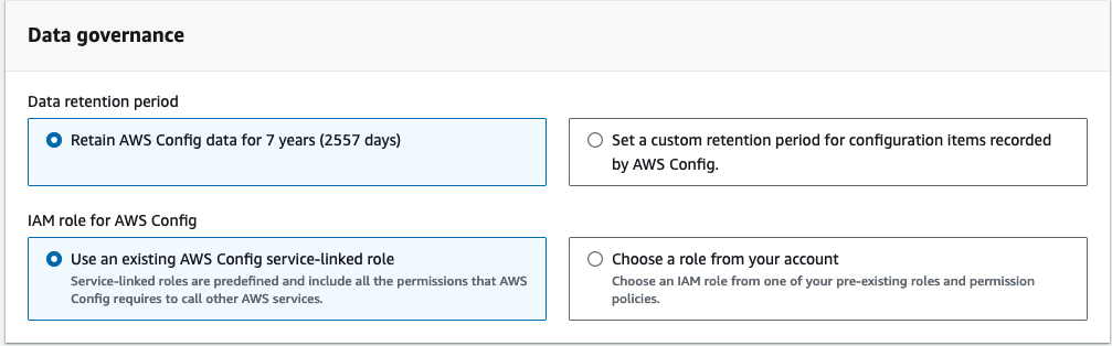 이미지는 AWS Config 콘솔 설정 편집 페이지의 스크린샷입니다. 여기에는 데이터 거버넌스와 관련된 정보, 즉 데이터 보존 기간 및에 대한 IAM 역할이 포함됩니다 AWS Config.