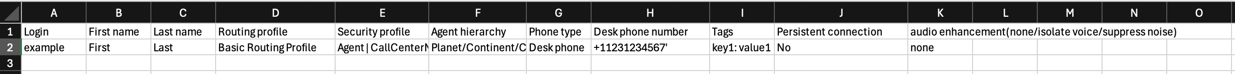 Excel 스프레드시트의 csv 템플릿.