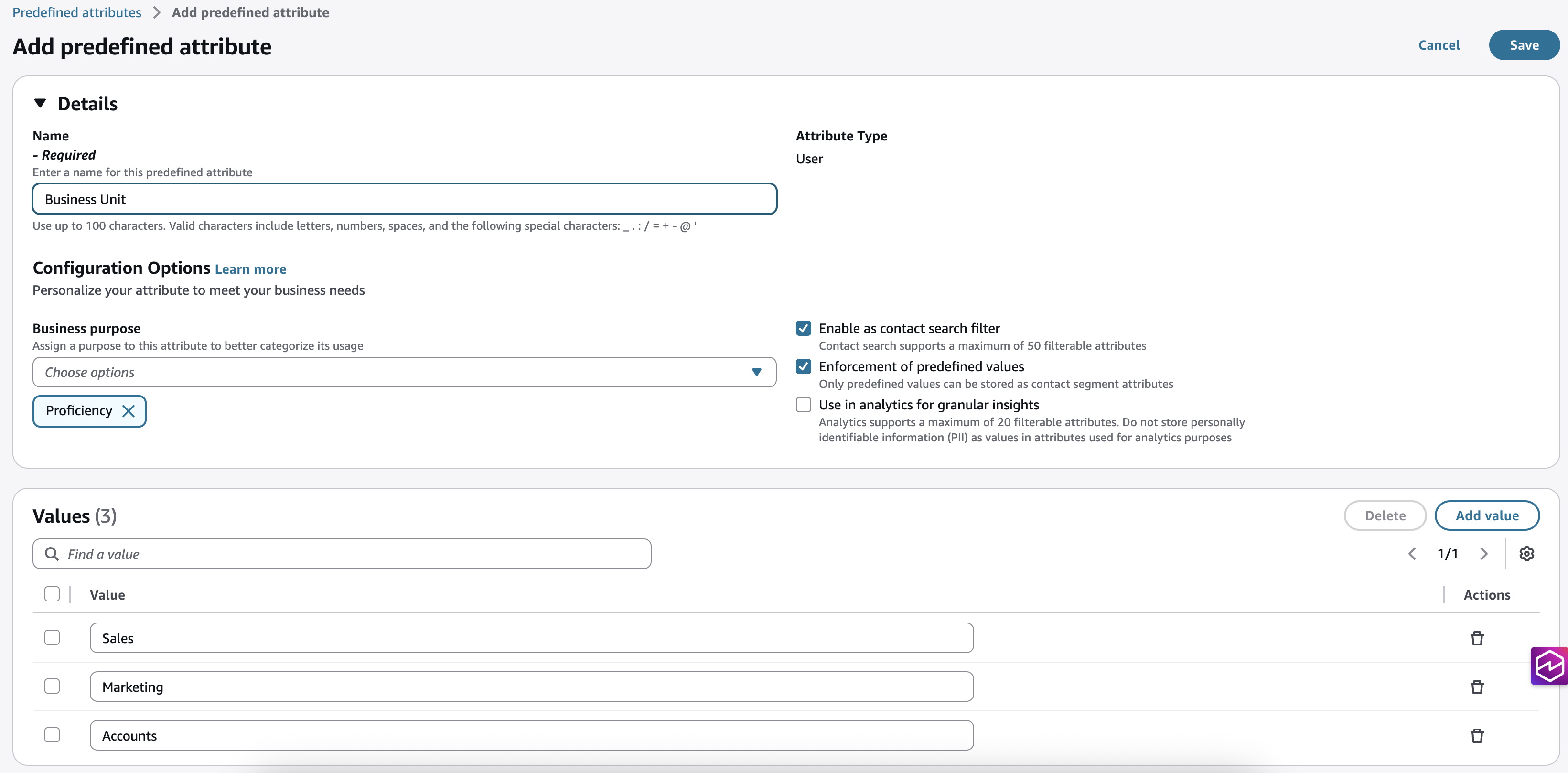 사전 정의된 속성 추가 페이지, "Business Unit"이라는 사전 정의된 속성 및 세 개의 샘플 값.