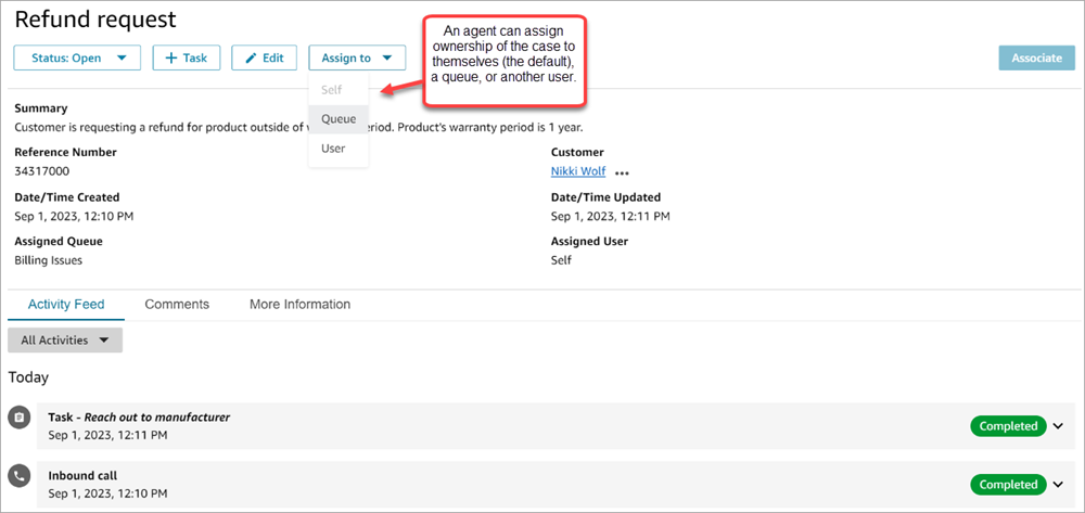 에이전트 Workspace의 할당 대상 드롭다운 상자.