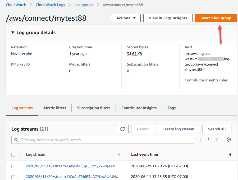 aws/connect/mytest88 페이지의 검색 로그 그룹 버튼