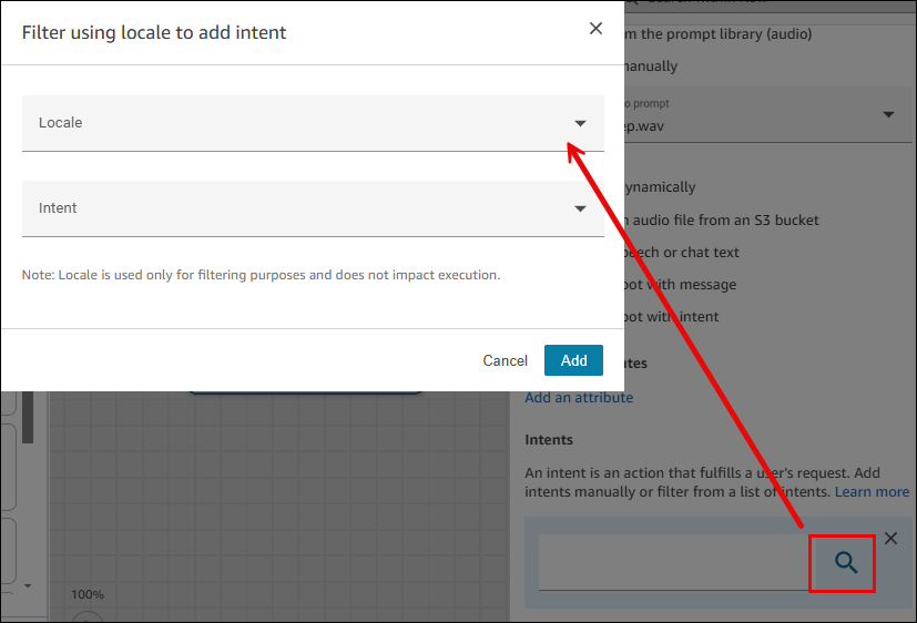 검색 옵션, 로캘을 사용하여 의도 추가 대화 상자.