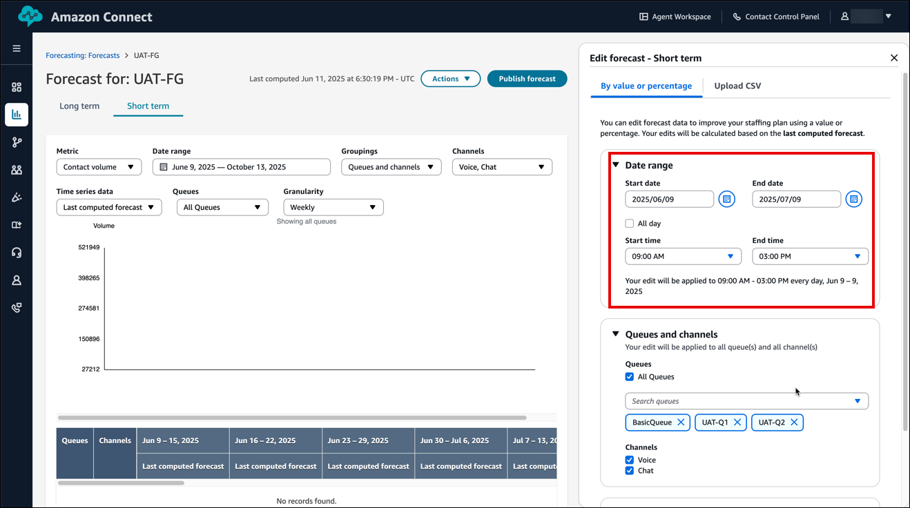 예측 편집 창, 날짜 범위 섹션입니다.